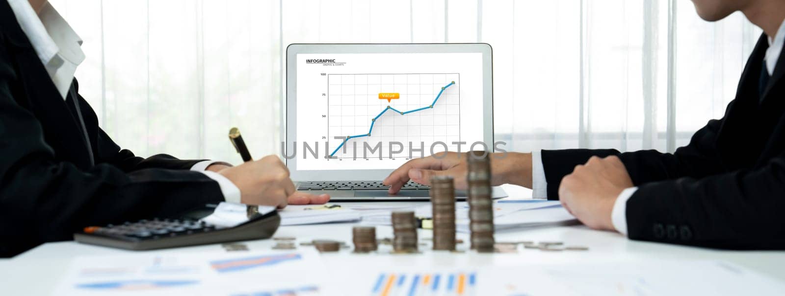 Business intelligence analyst use BI software on laptop with stack coin. Shrewd by biancoblue