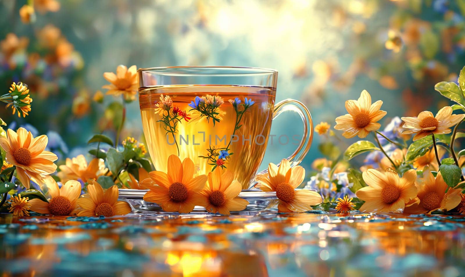 Floral tea in a transparent mug on a background with flowers. by Fischeron