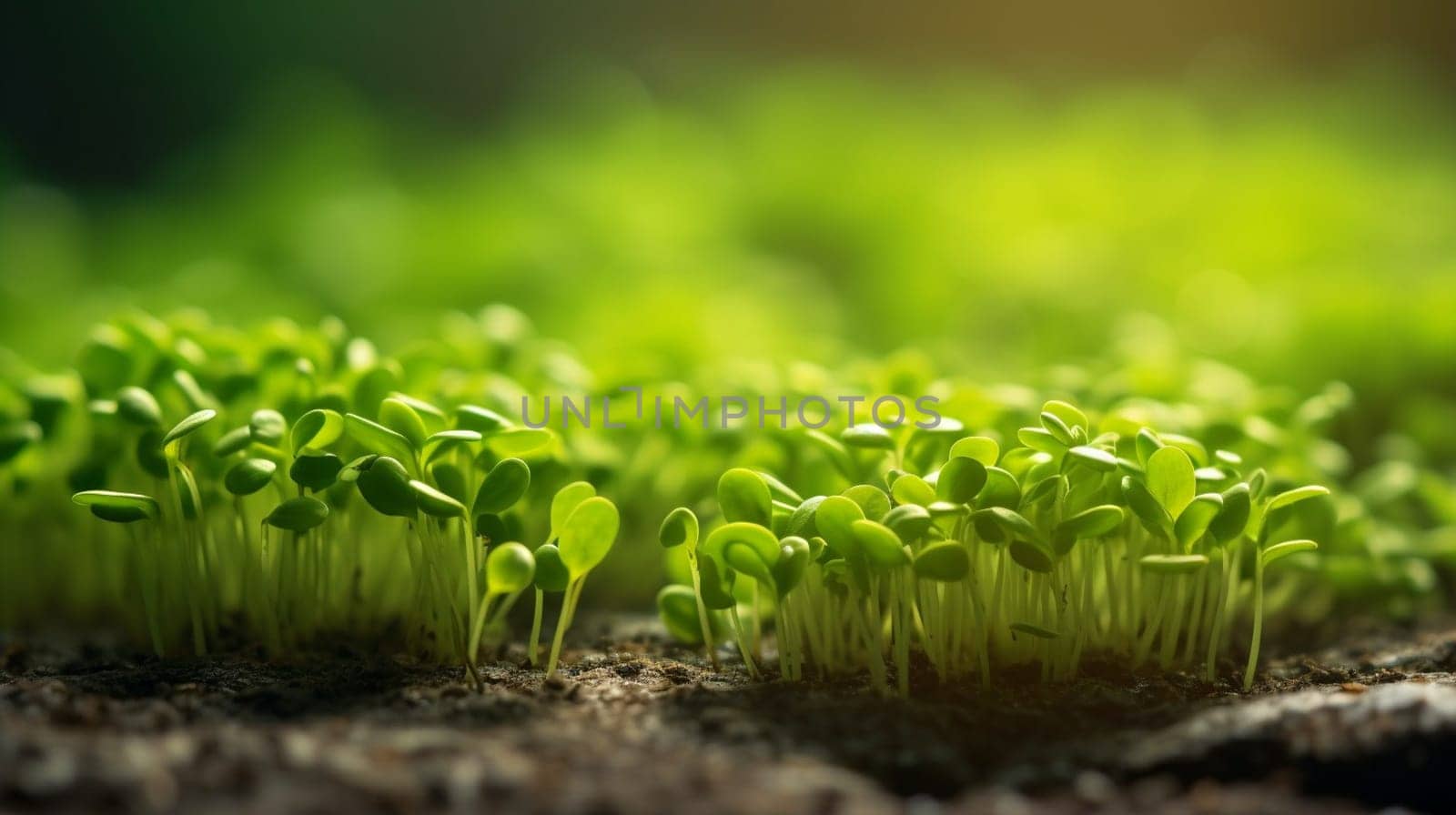 A variety of small green plants, including grasses, shrubs, and flowering plants, are sprouting from the ground, creating a natural landscape of lush vegetation