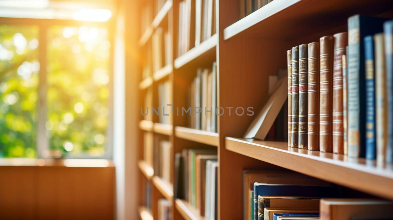A row of bookshelves made of hardwood filled with publications in a library building, with sunlight streaming in through the window