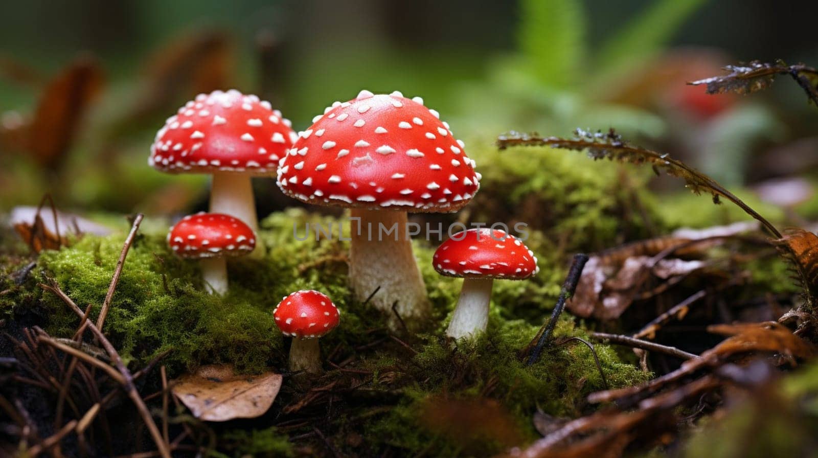 A cluster of red mushrooms thrives in the lush moss of the natural environment, surrounded by terrestrial plants and leaves, in a beautiful natural landscape