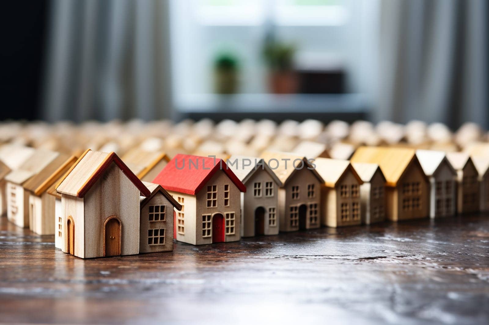 Small wooden house models on a wooden surface with bokeh background. The concept of searching, buying a home. Generated by artificial intelligence by Vovmar