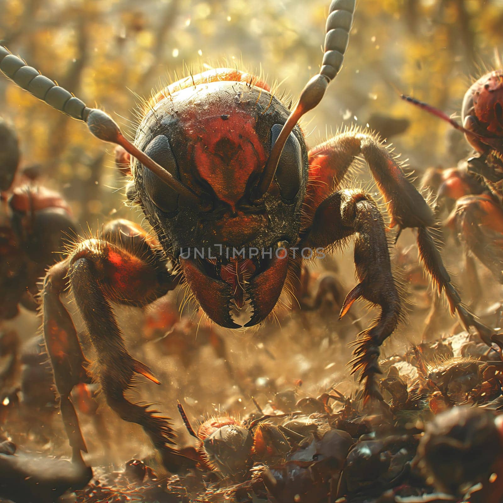 Illustration of a warlike ant on a blurred background. by Fischeron