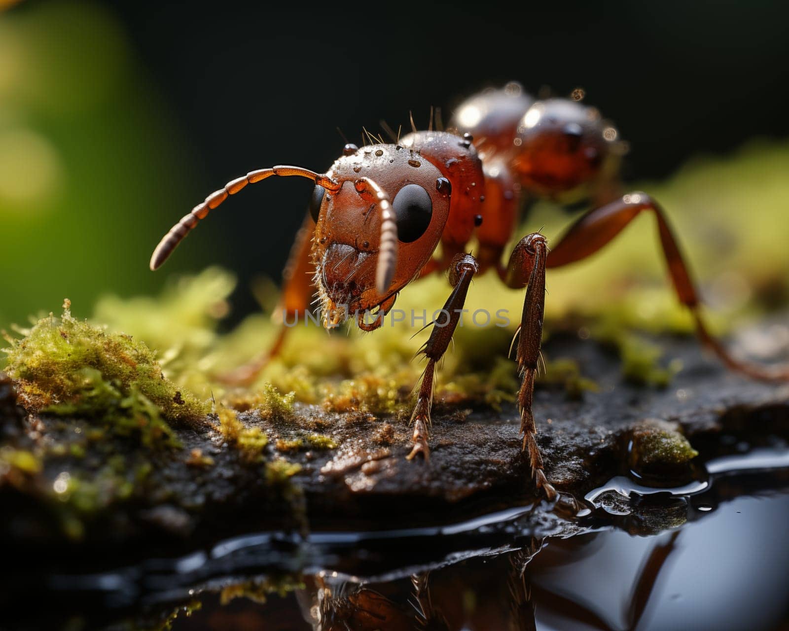 Illustration of a warlike ant on a blurred background. Selective soft focus