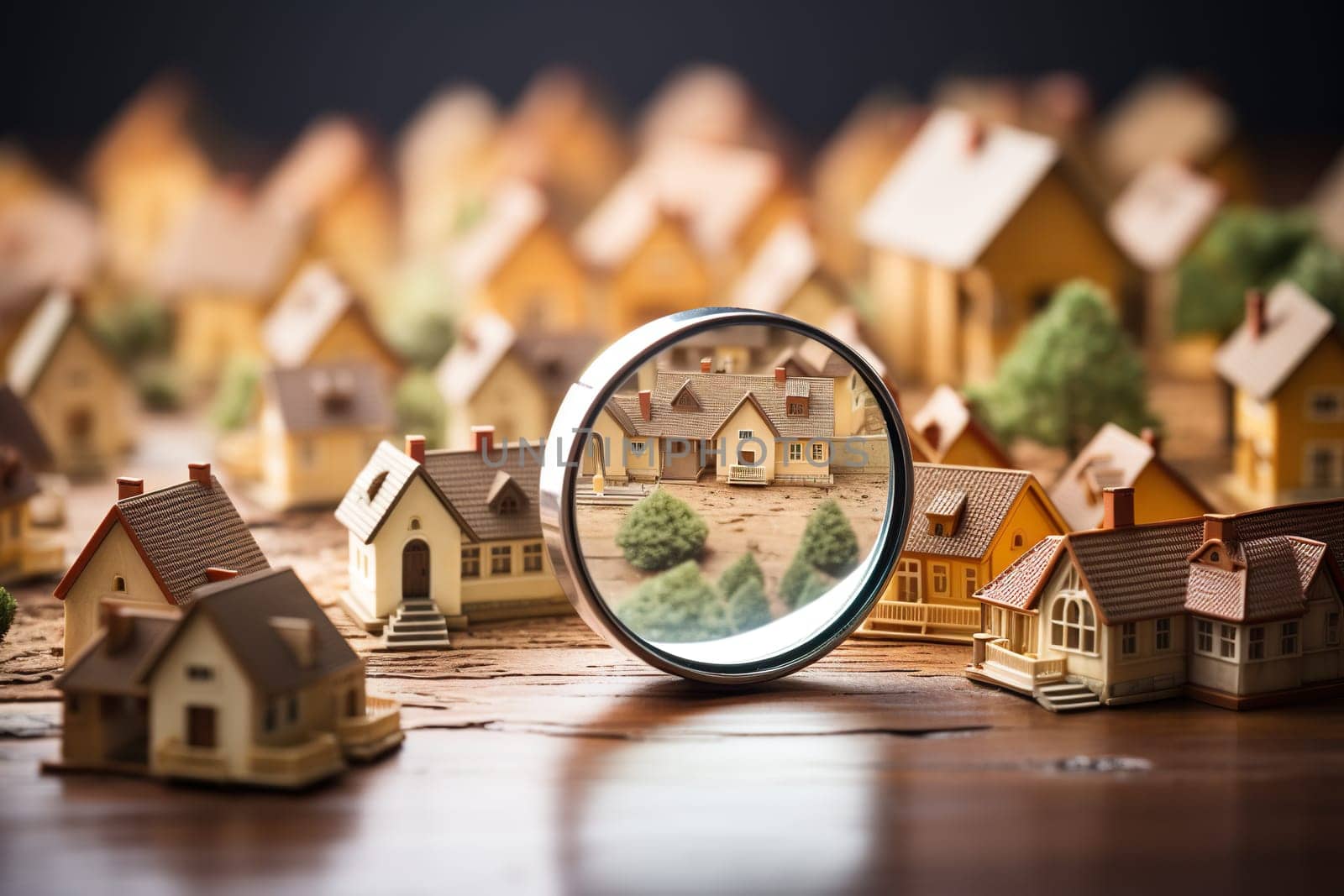 Small house under a magnifying glass. The concept of searching for housing and apartments.