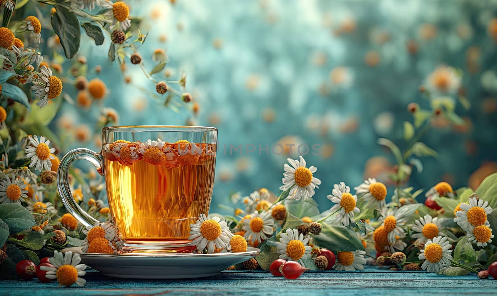 Floral tea in a transparent mug on a background with flowers. Selective soft focus