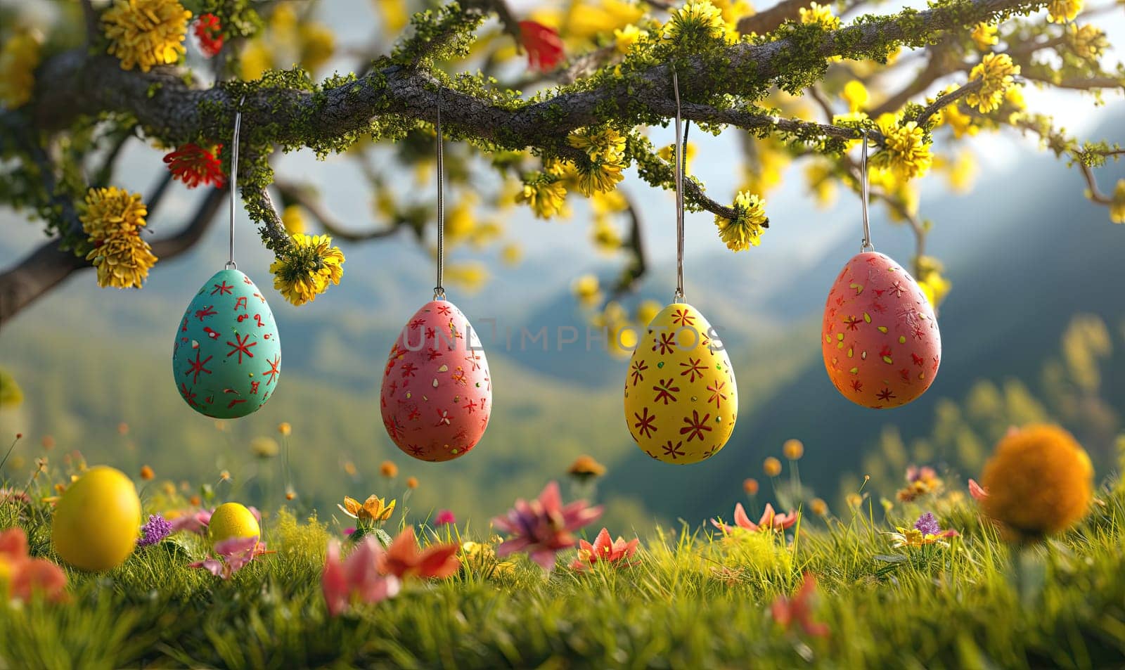 3D, cartoon Easter eggs hanging on tree branches. by Fischeron