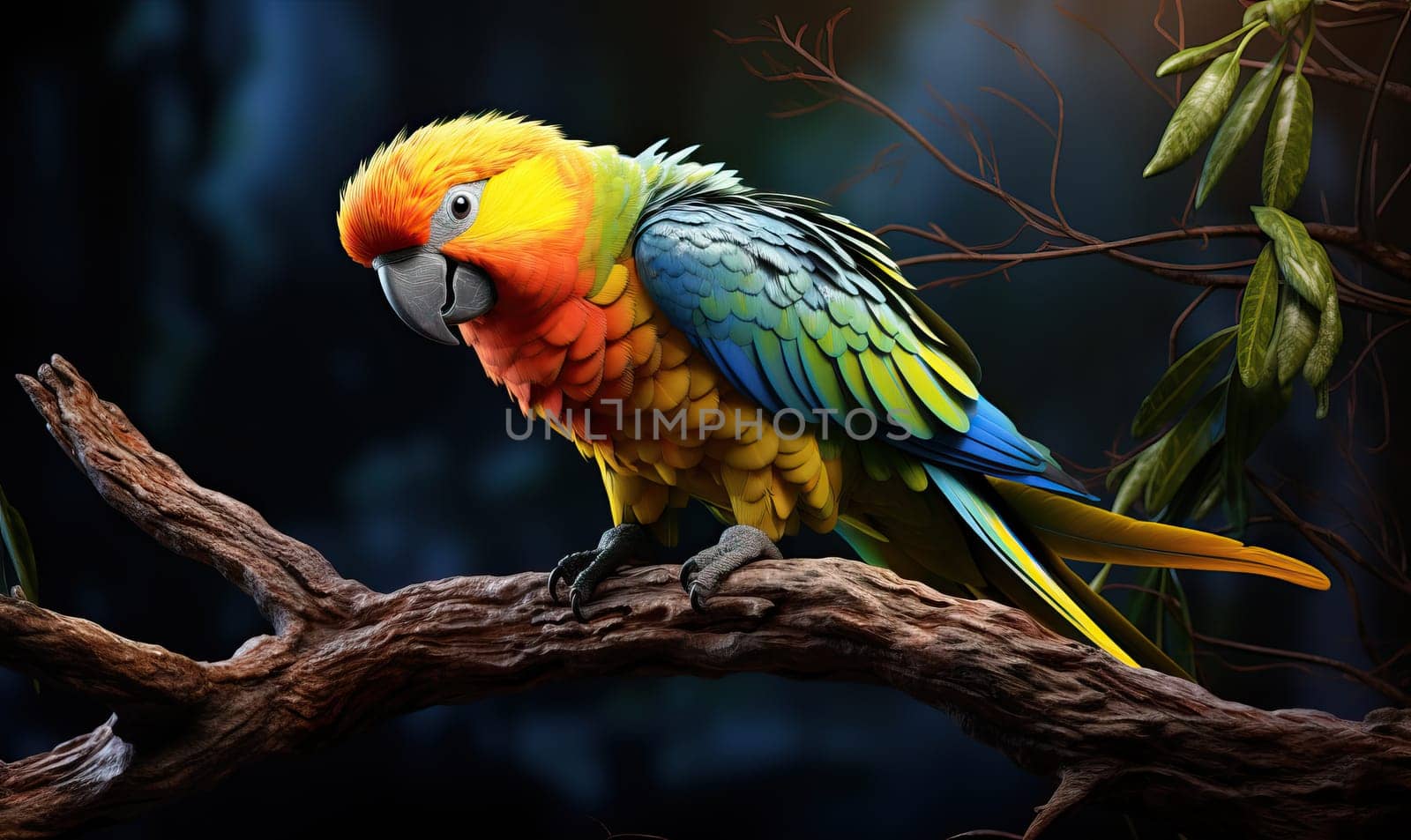 A colorful parrot sits on a branch. Selective soft focus