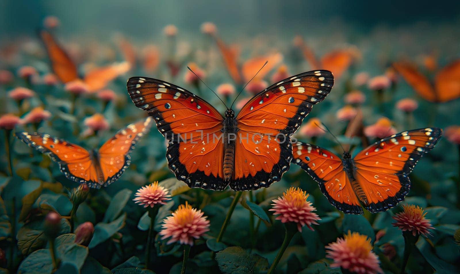 Colorful butterflies on a blurred natural background. Selective soft focus