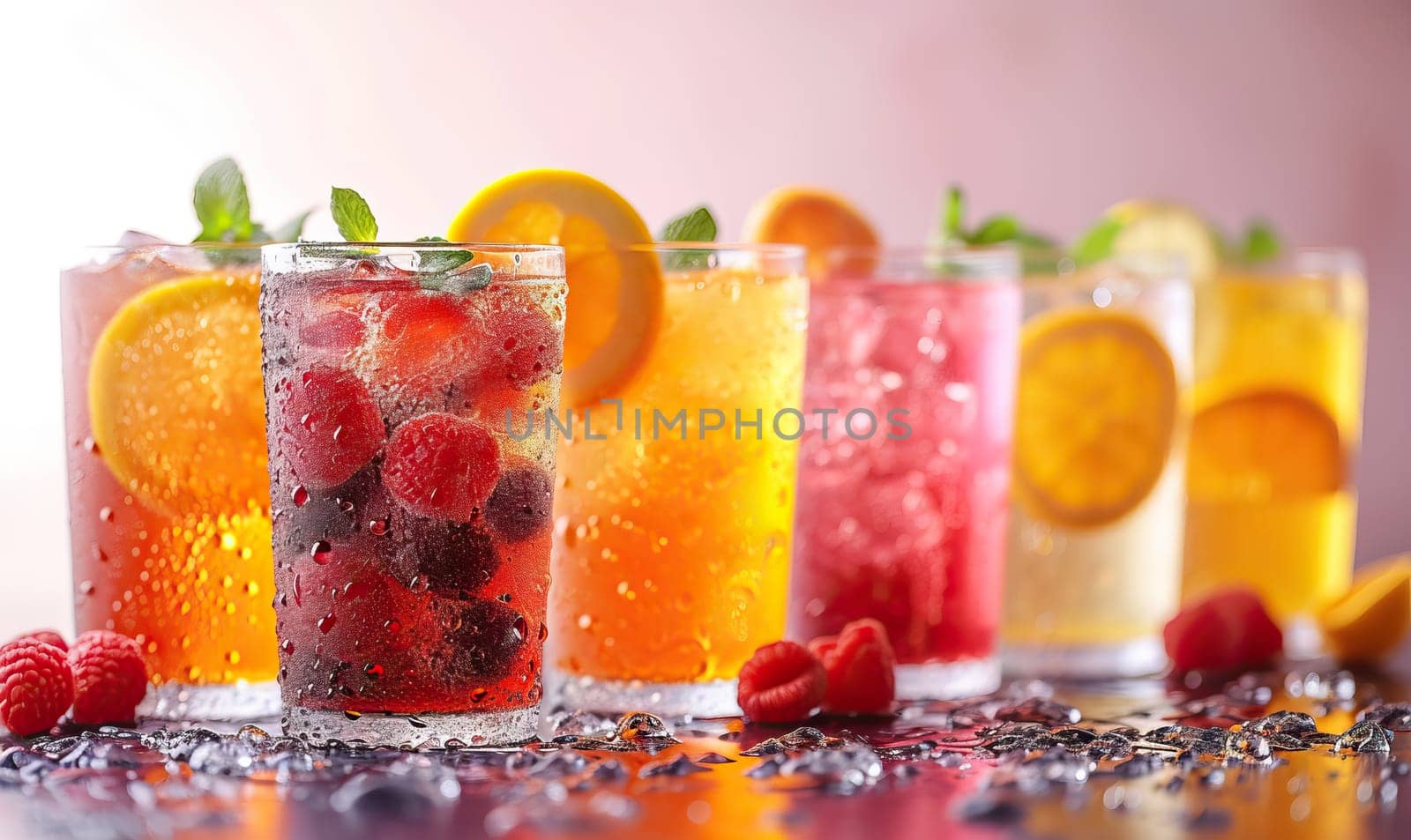 Drinks with berries and ice cubes on a colored background. Selective soft focus