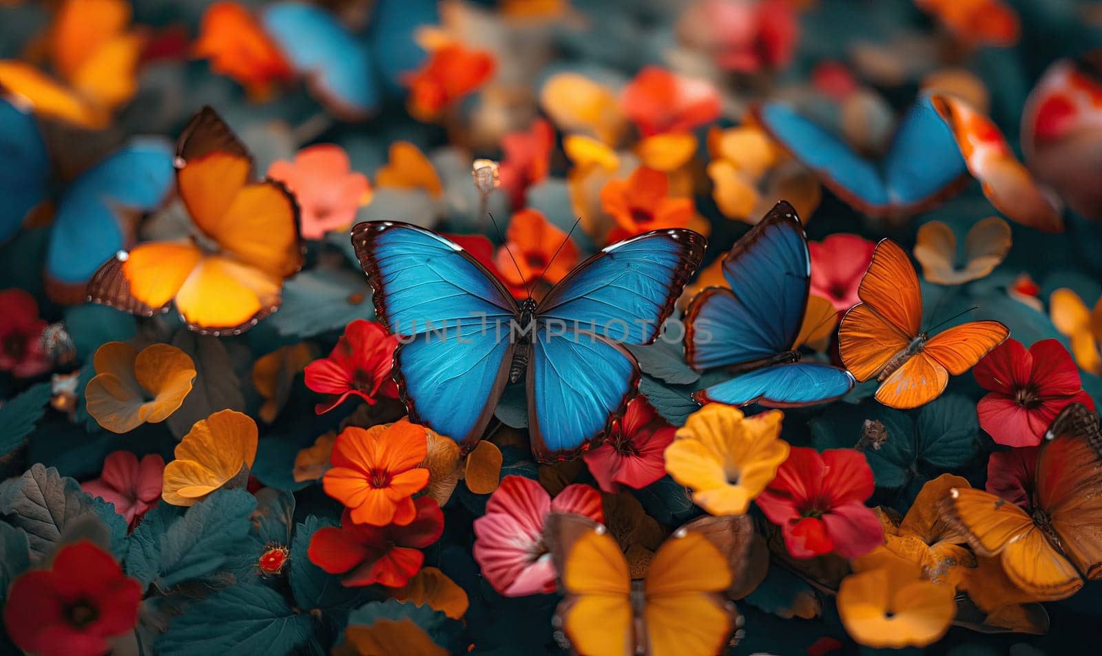 Colorful background of multi-colored butterflies full frame. Selective soft focus