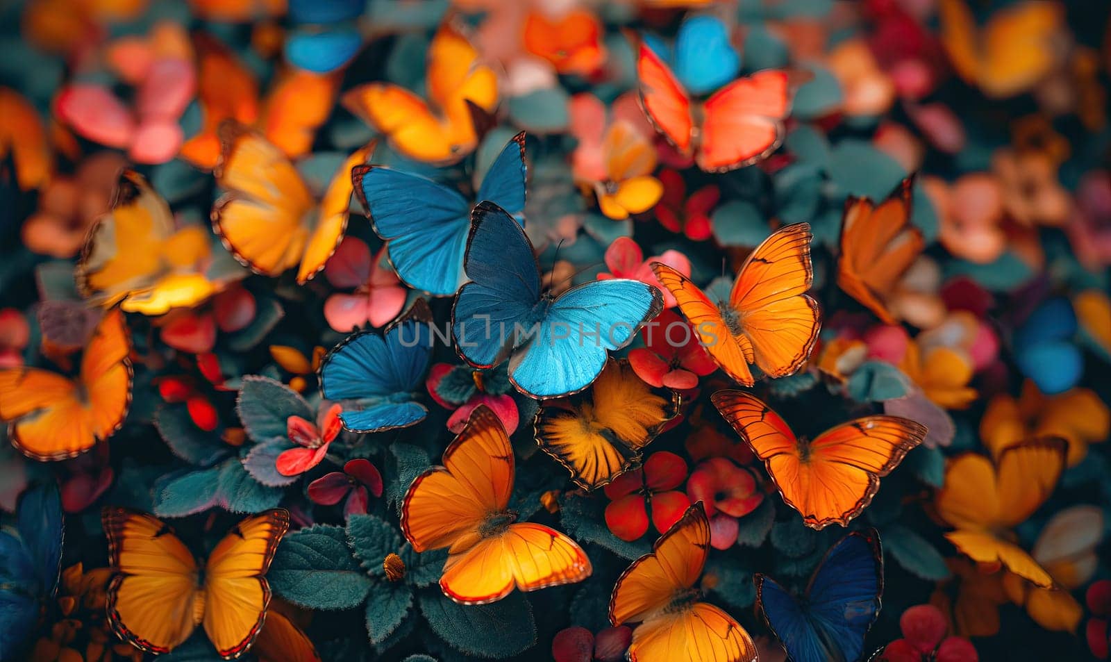 Colorful background of multi-colored butterflies full frame. Selective soft focus