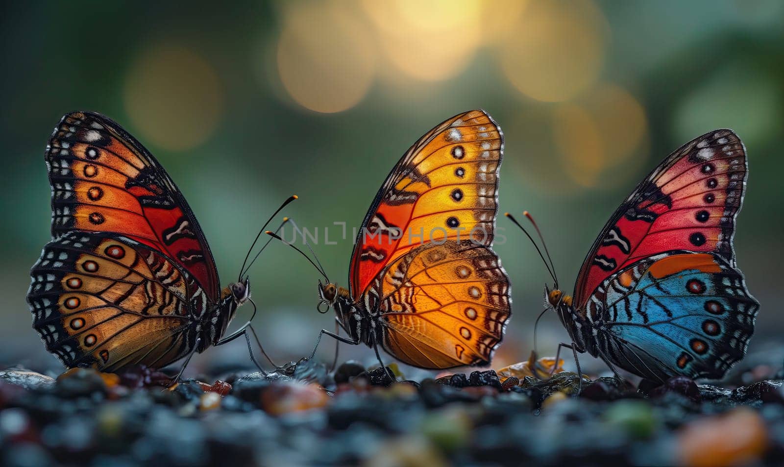Colorful butterflies on a blurred natural background. Selective soft focus