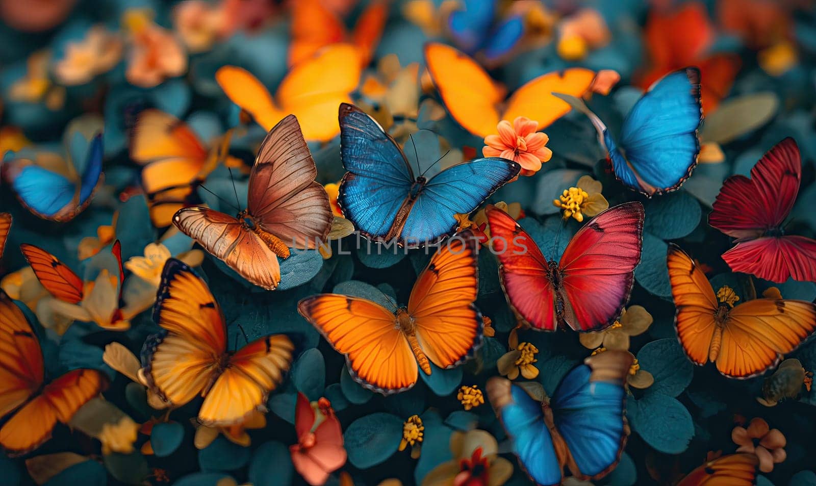 Colorful background of multi-colored butterflies full frame. by Fischeron