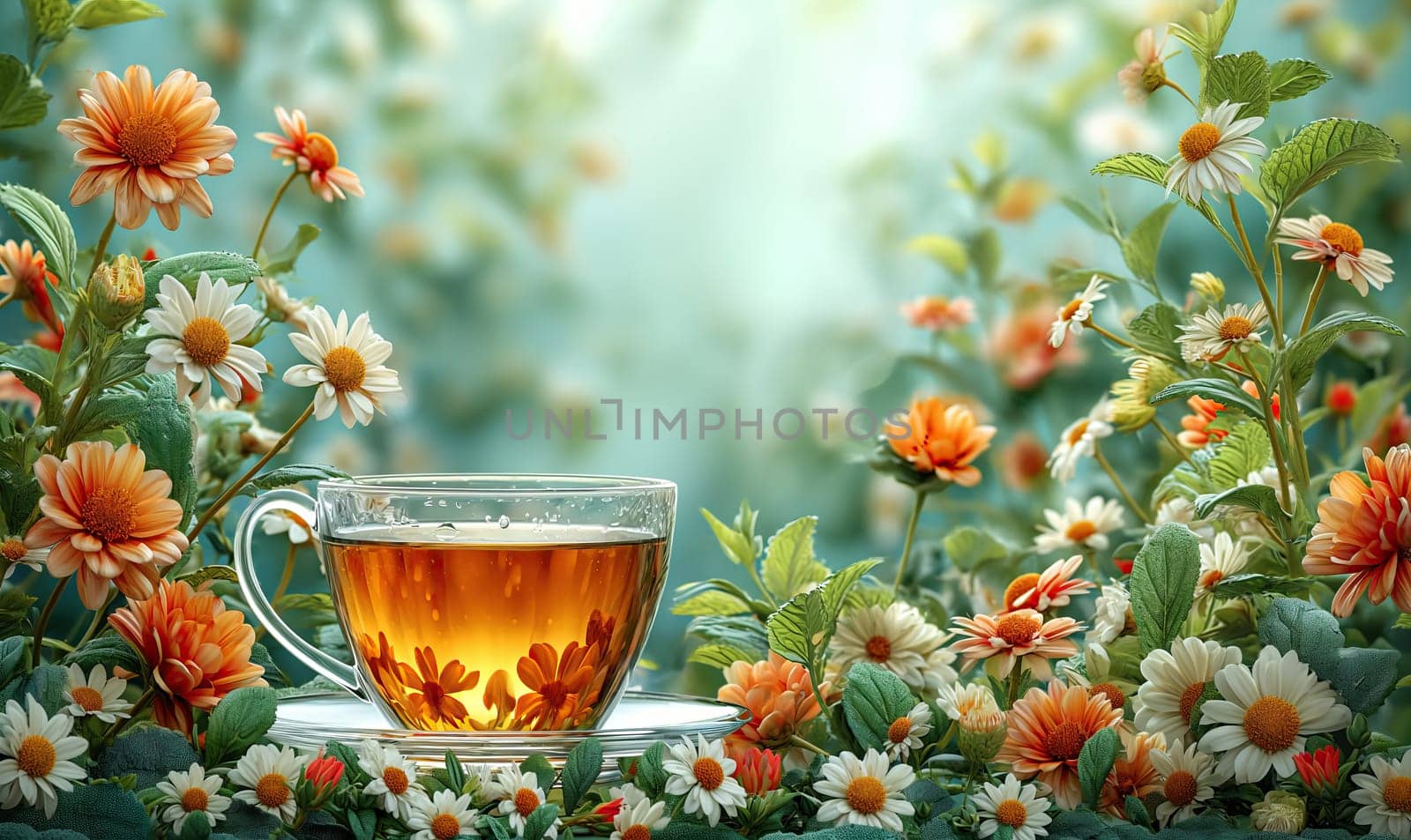 Floral tea in a transparent mug on a background with flowers. Selective soft focus