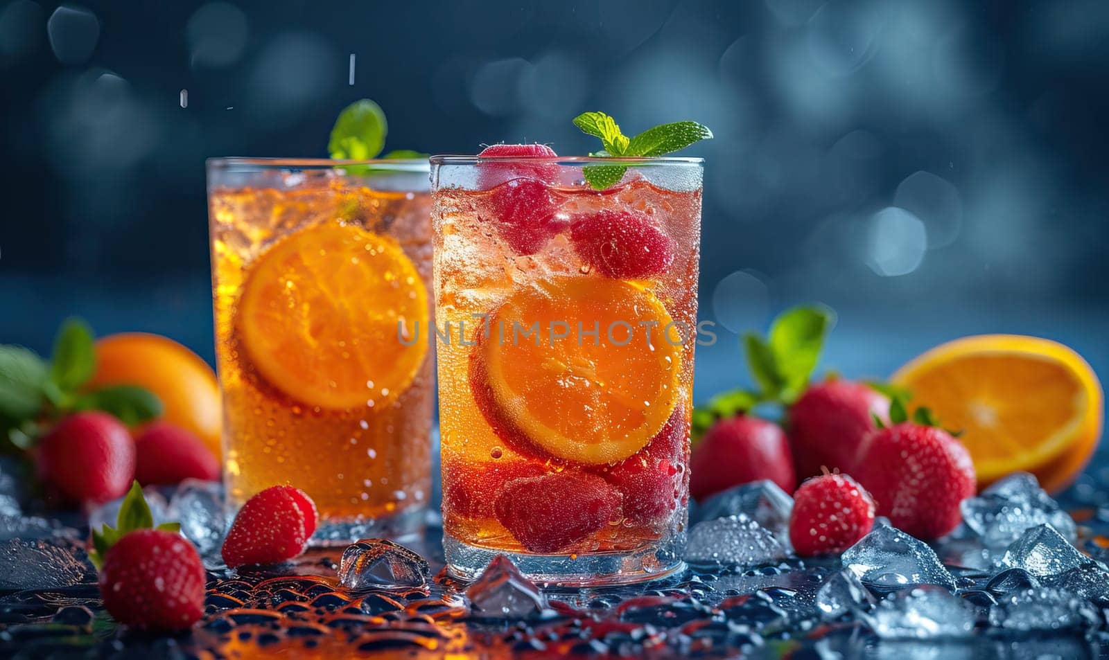 Drinks with berries and ice cubes on a blue background. Selective soft focus