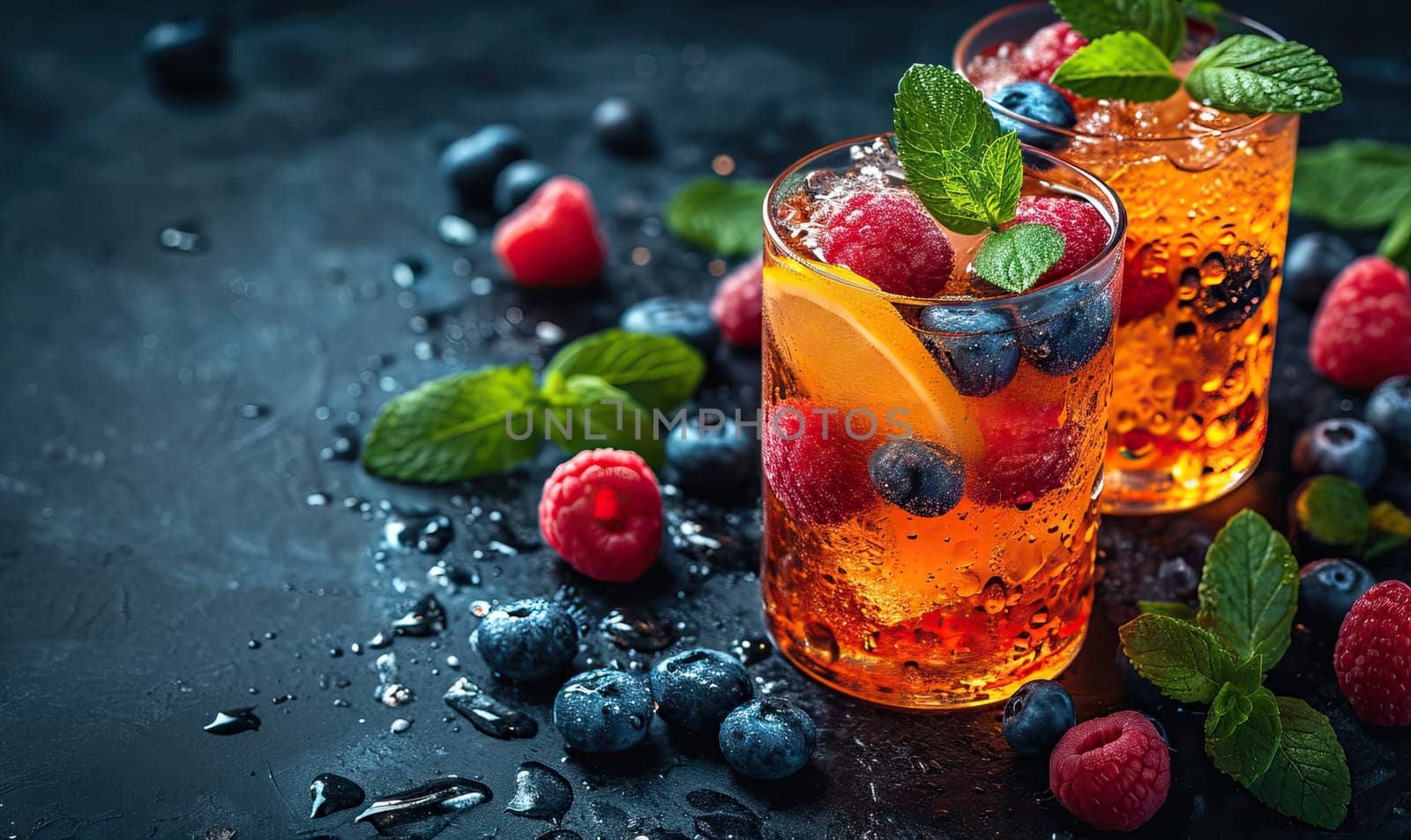 Drinks with berries and ice cubes on a blue background. Selective soft focus