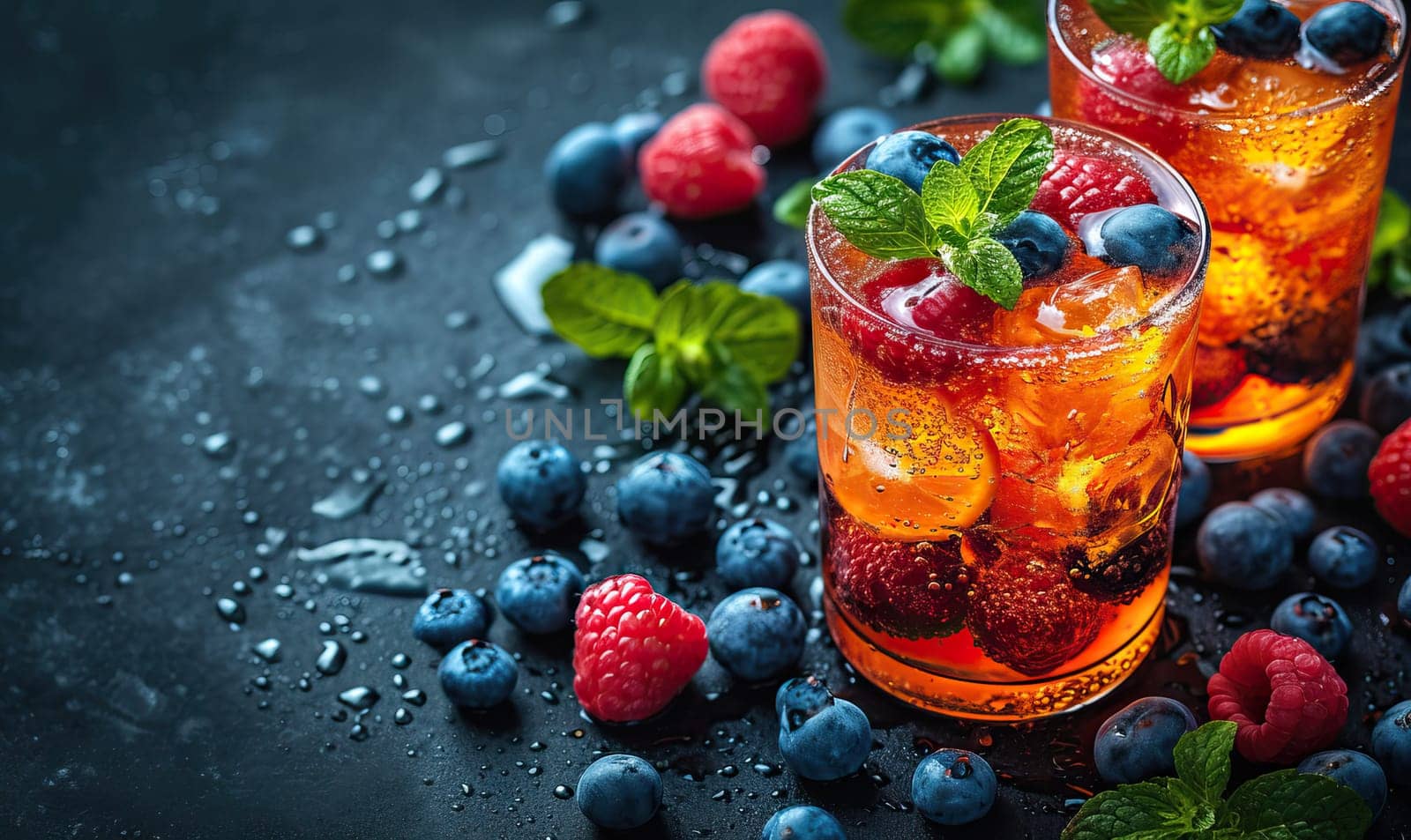 Drinks with berries and ice cubes on a blue background. Selective soft focus
