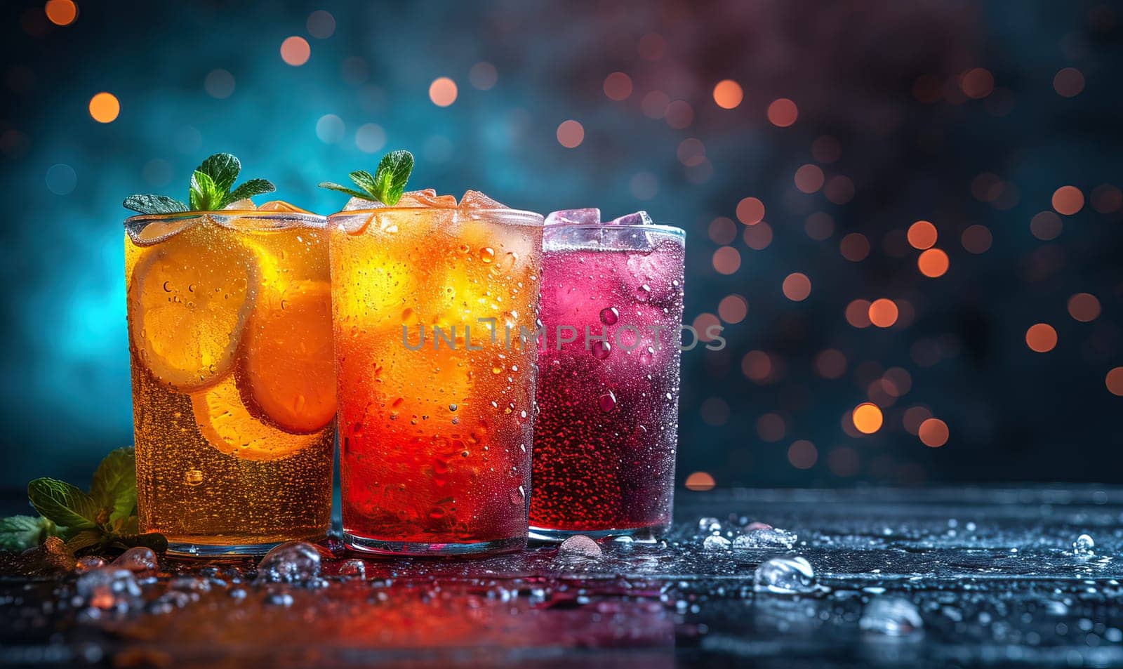 Drinks with berries and ice cubes on a blue background. Selective soft focus