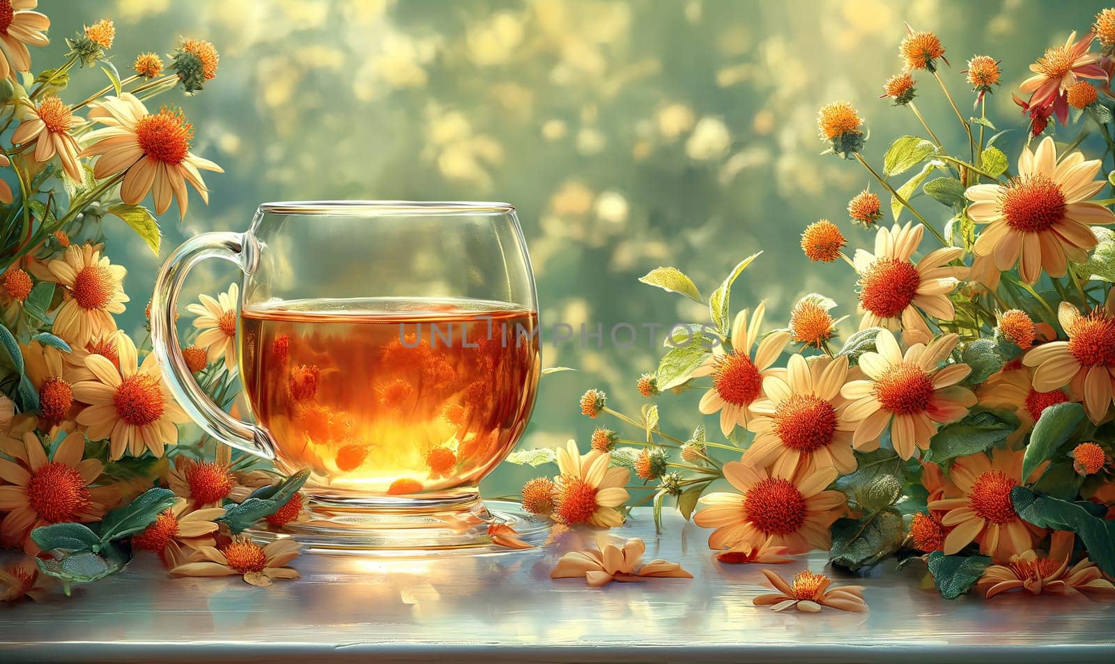 Floral tea in a transparent mug on a background with flowers. Selective soft focus