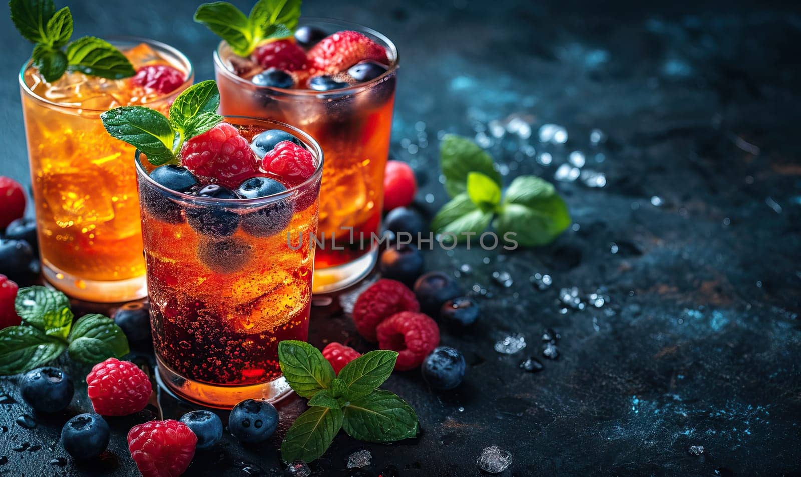 Drinks with berries and ice cubes on a blue background. Selective soft focus