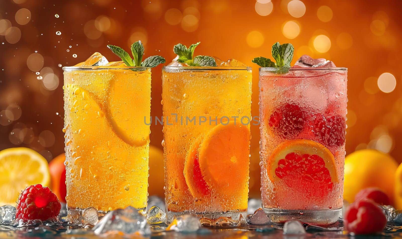 Drinks with berries and ice cubes on a blurred background. Selective soft focus