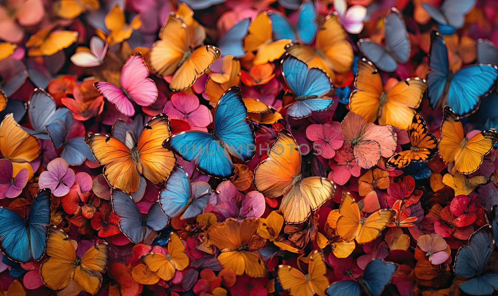 Colorful background of multi-colored butterflies full frame. Selective soft focus