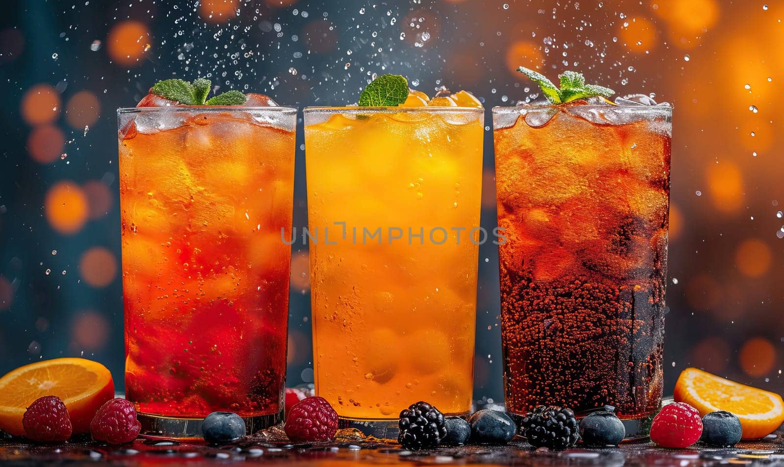 Drinks with berries and ice cubes on a blurred background. Selective soft focus