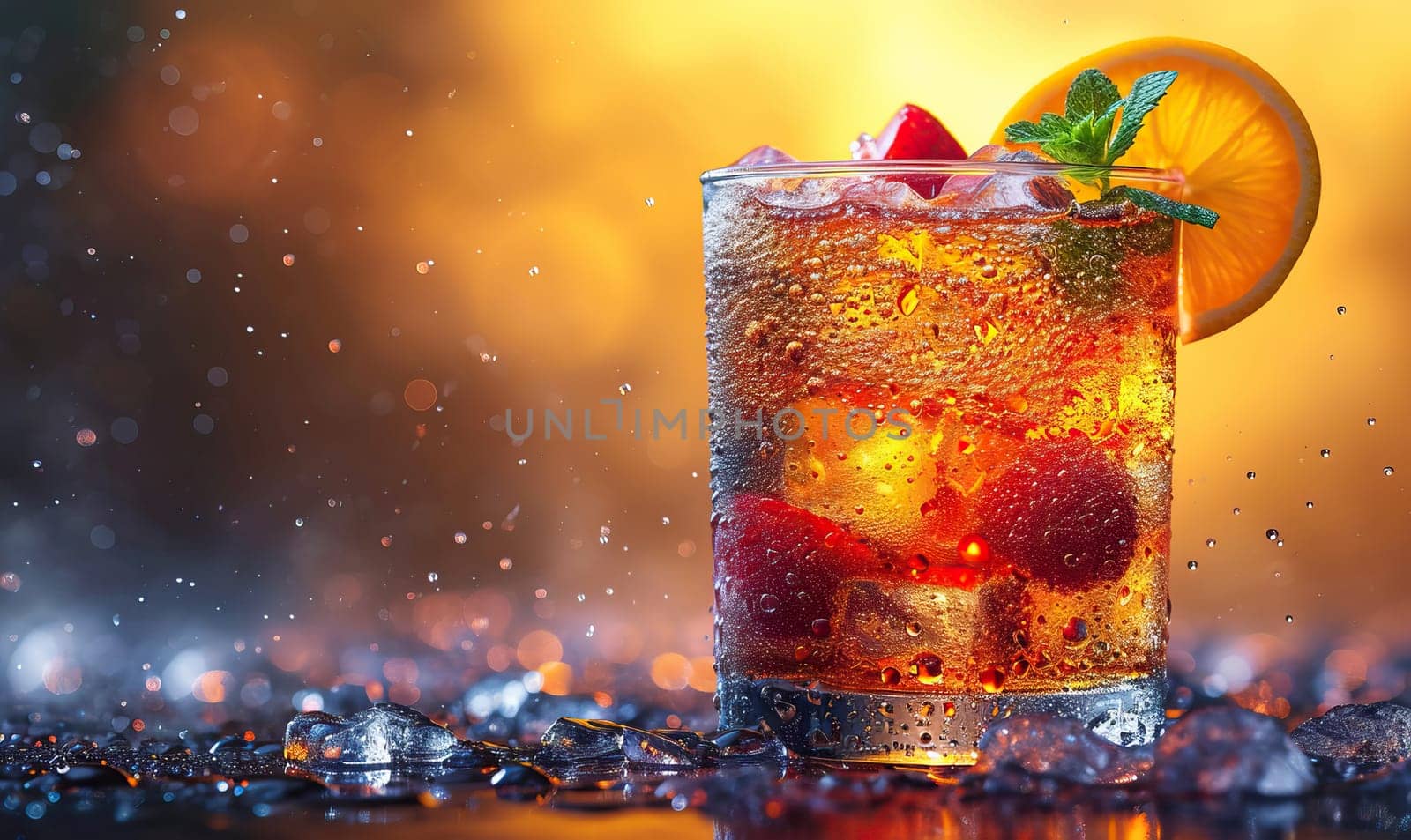 Drinks with berries and ice cubes on a blurred background. Selective soft focus