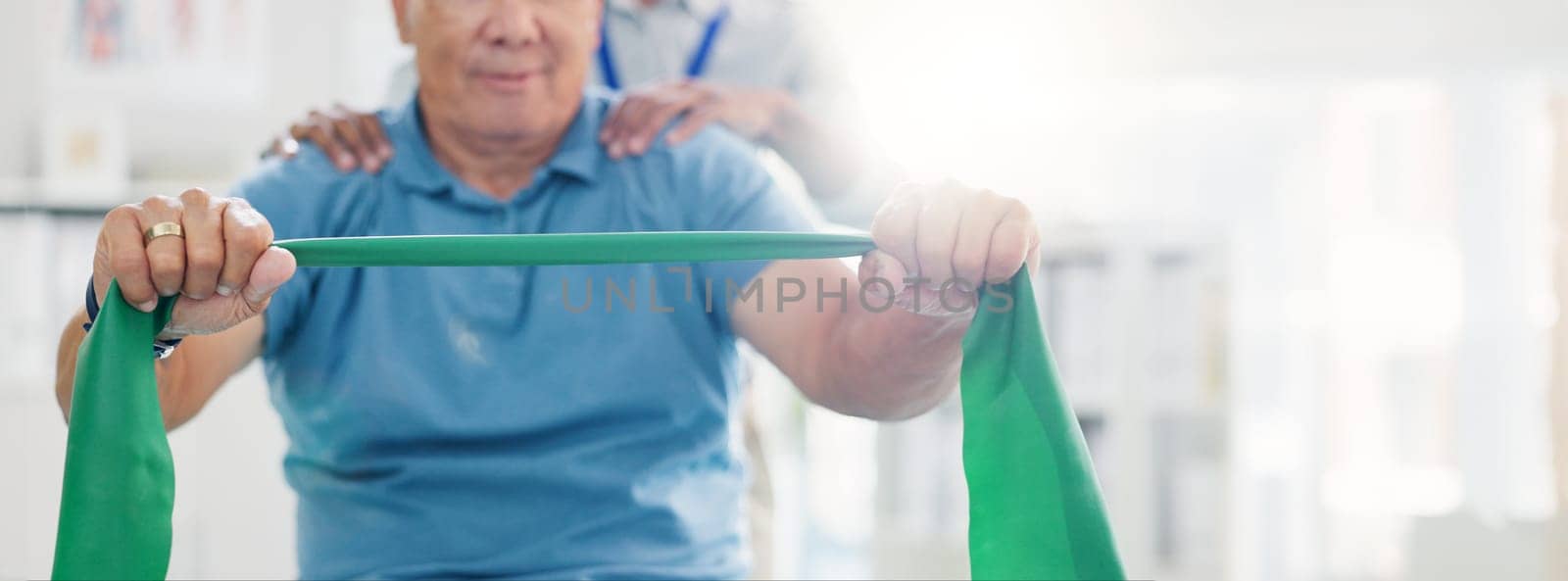 Resistance band, physical therapy and old man with physiotherapist, muscle training and strength with senior care. Health, wellness and people at physio clinic with rehabilitation and equipment by YuriArcurs