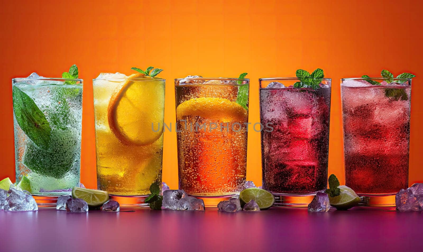 Drinks with berries and ice cubes on a colored background. Selective soft focus