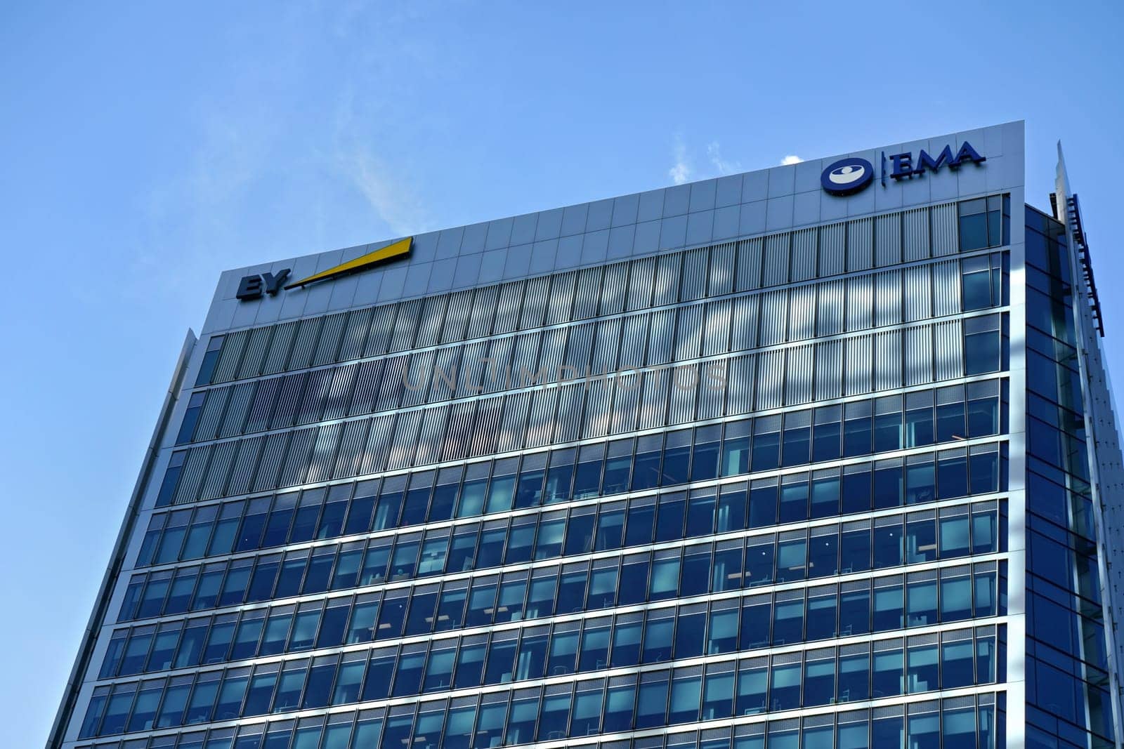 London, United Kingdom - February 03, 2019: Ernst & Young and European Medicines Agency at their offices shared on 30 Churchill Pl, Canary Wharf. EMA HQ moved from London to Amsterdam after Brexit
