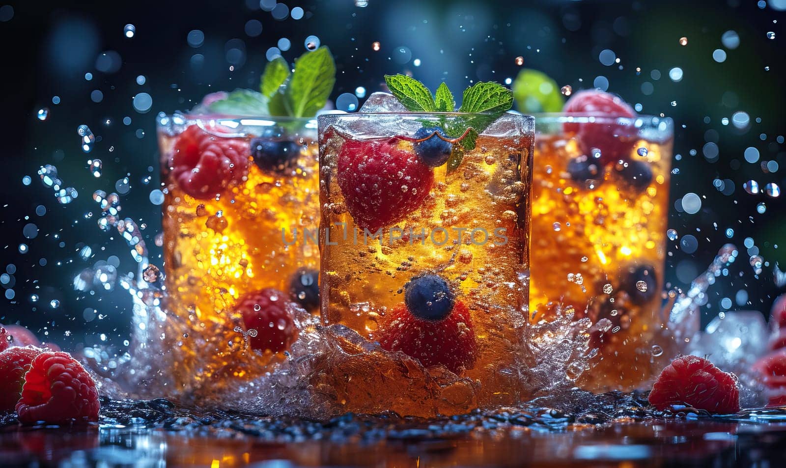 Drinks with berries and ice cubes on a blue background. Selective soft focus