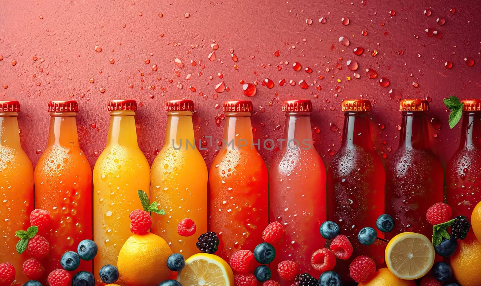 Fruit drinks in bottles on a colored background. Selective soft focus