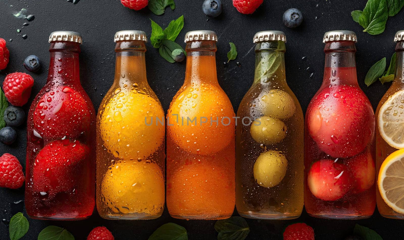 Fruit drinks in bottles on a dark background. by Fischeron