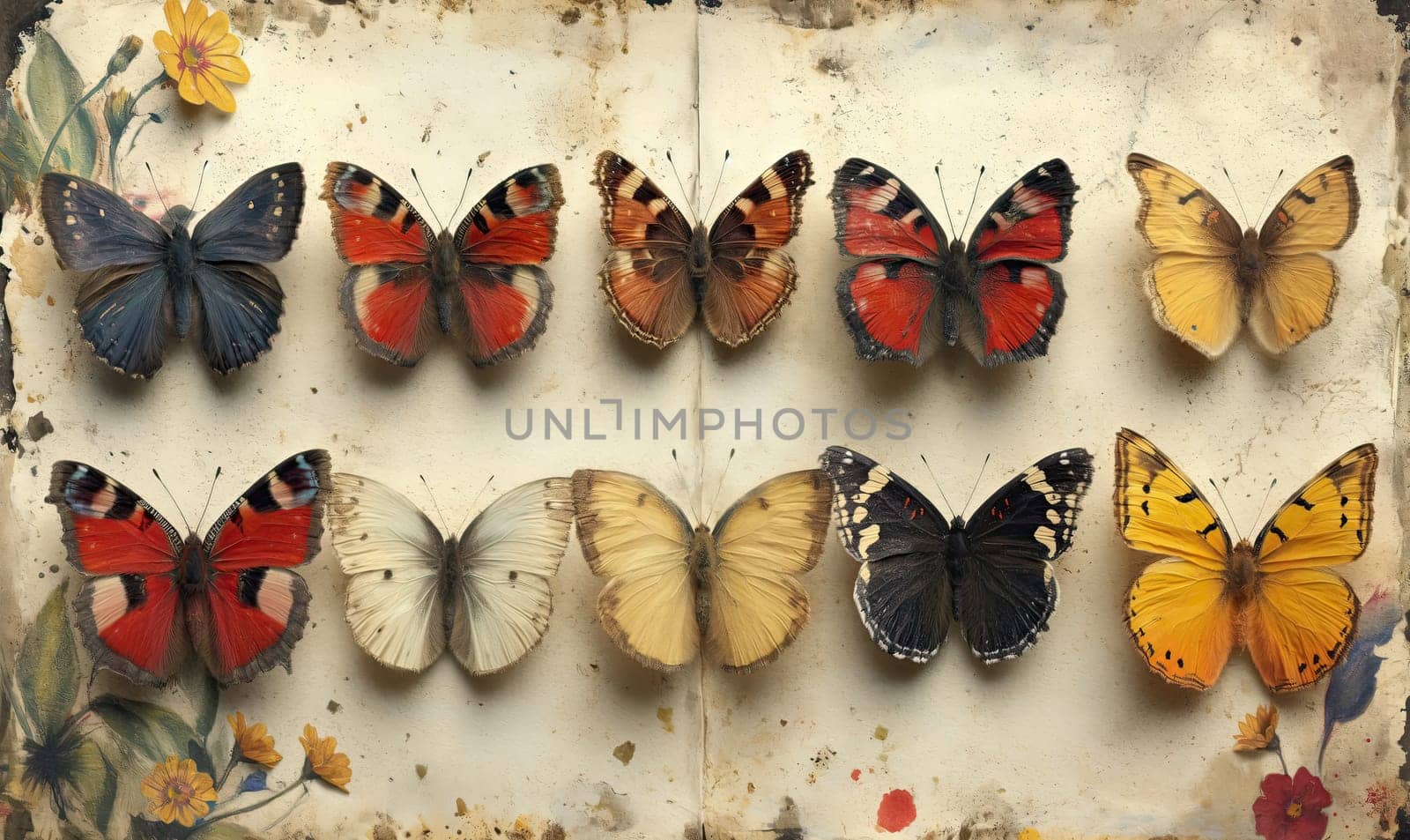 Colorful butterflies on a light abstract background. Selective soft focus