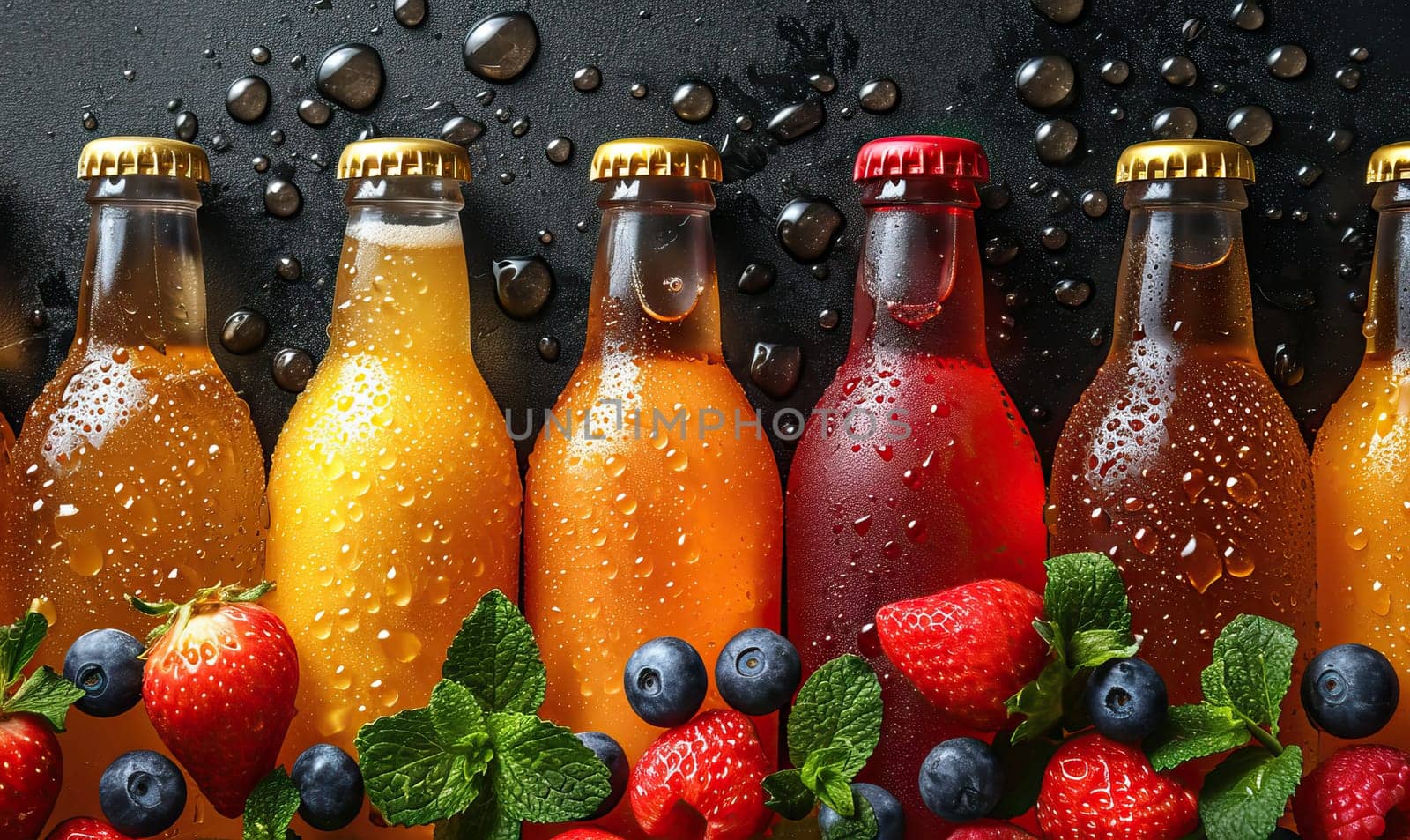 Fruit drinks in bottles on a dark background. by Fischeron