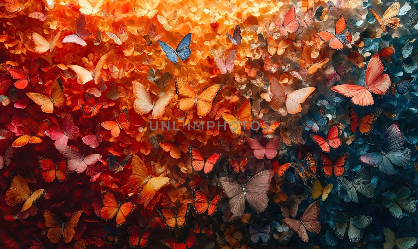 Colorful background of multi-colored butterflies full frame. Selective soft focus