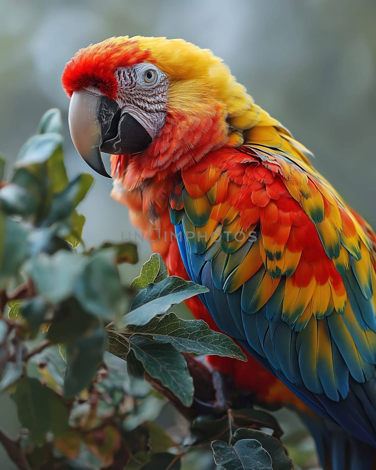 A colorful parrot sits on a branch. Selective soft focus