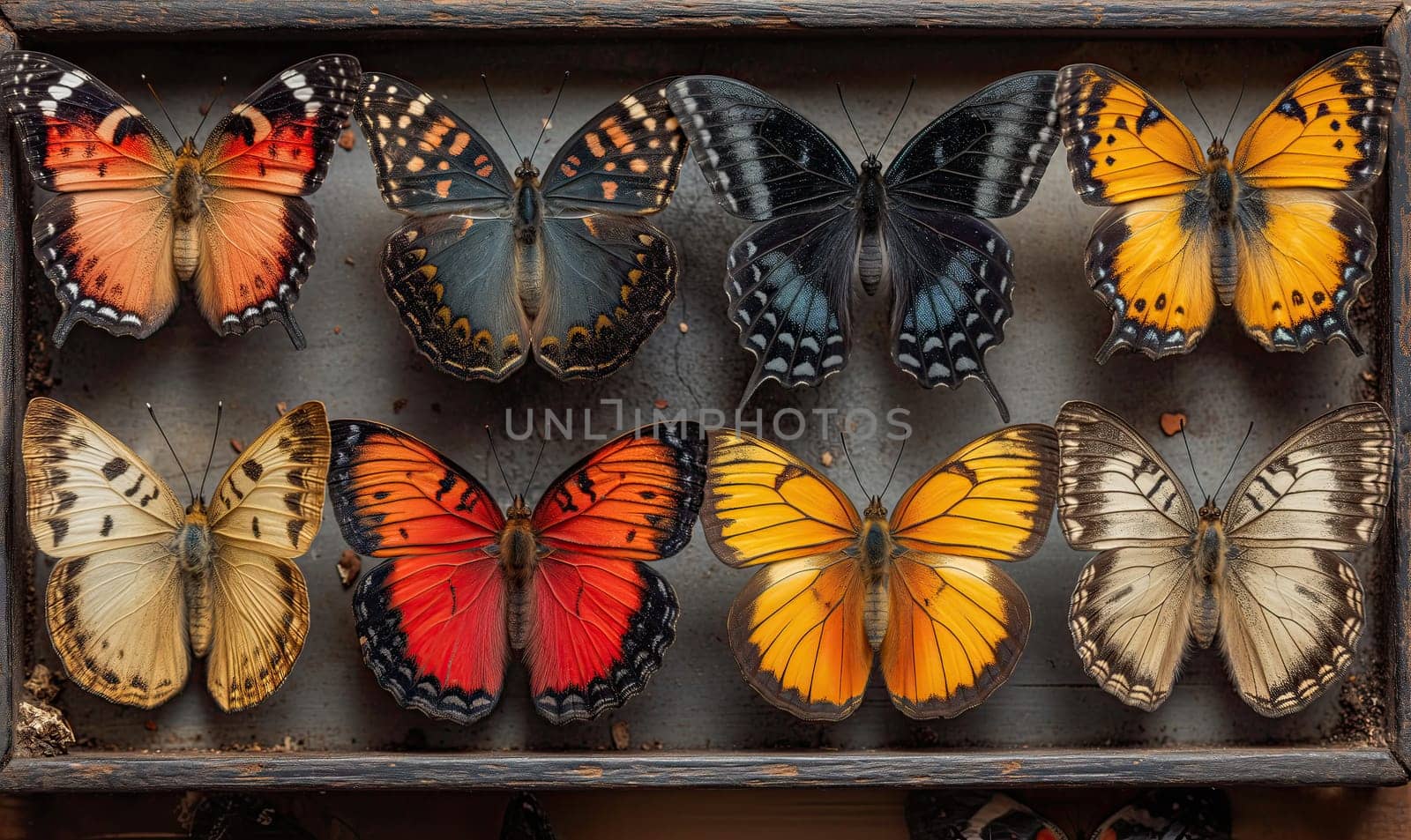 Set of colorful butterflies on a dark background. Selective soft focus