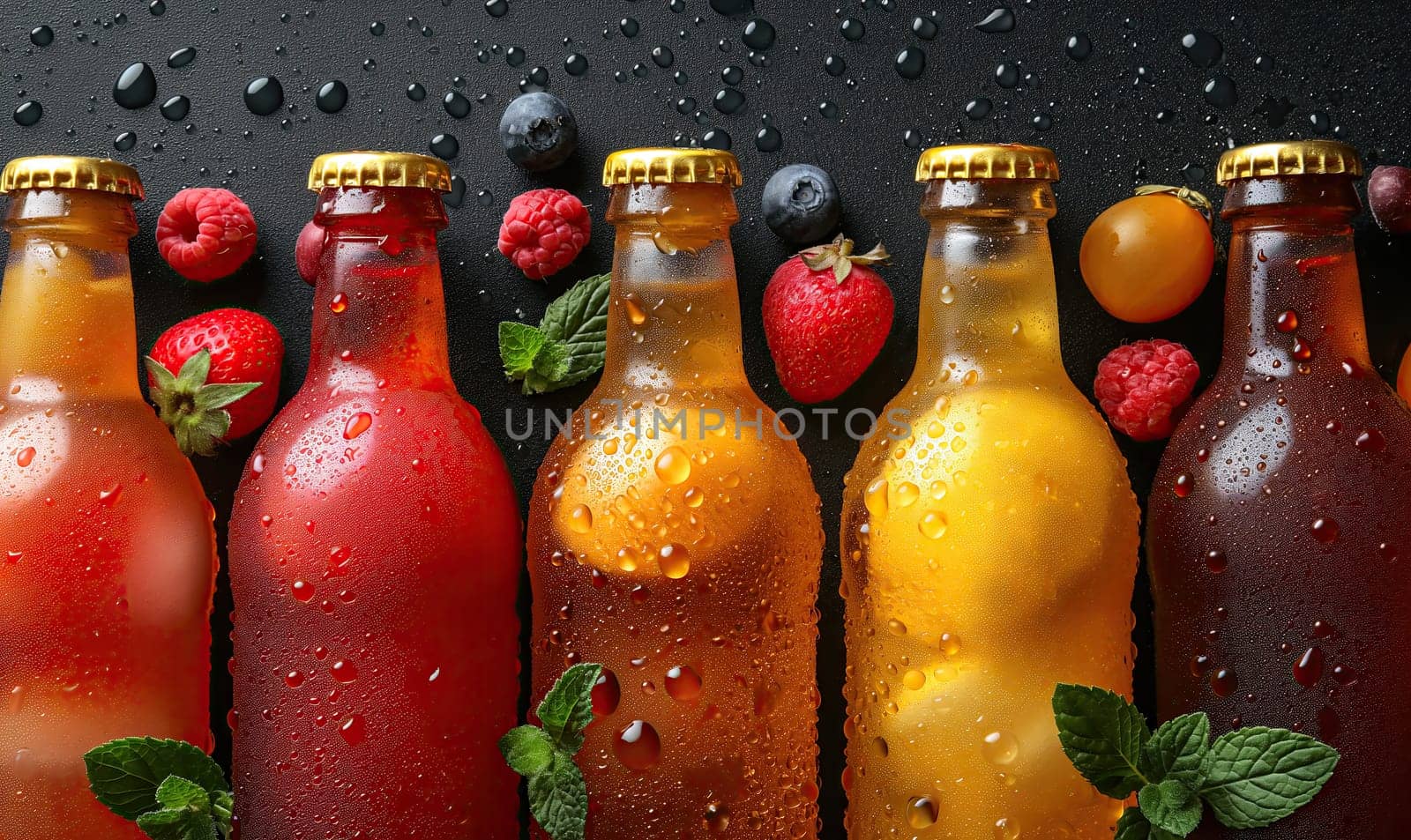 Fruit drinks in bottles on a dark background. Selective soft focus