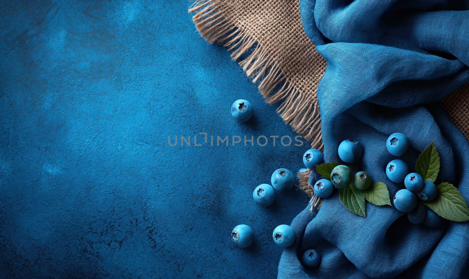 Scattered blueberry on burlap and blue background. Selective soft focus