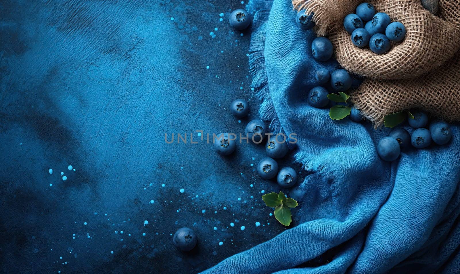 Scattered blueberry on burlap and blue background. Selective soft focus