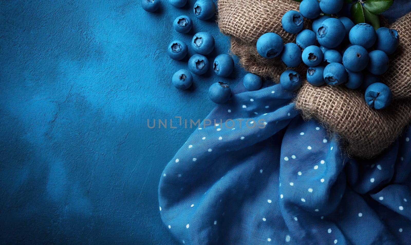 Scattered blueberry on burlap and blue background. by Fischeron