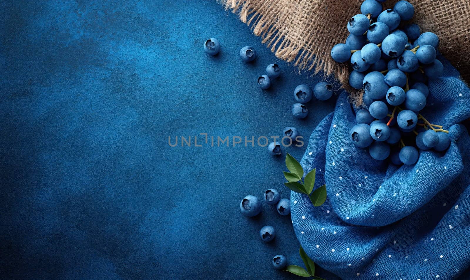 Scattered blueberry on burlap and blue background. Selective soft focus