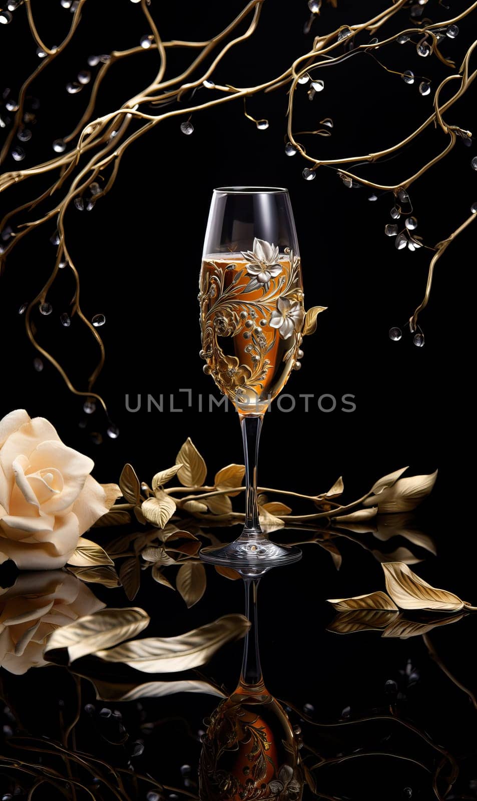 Glass of wine or champagne on a dark background. by Fischeron