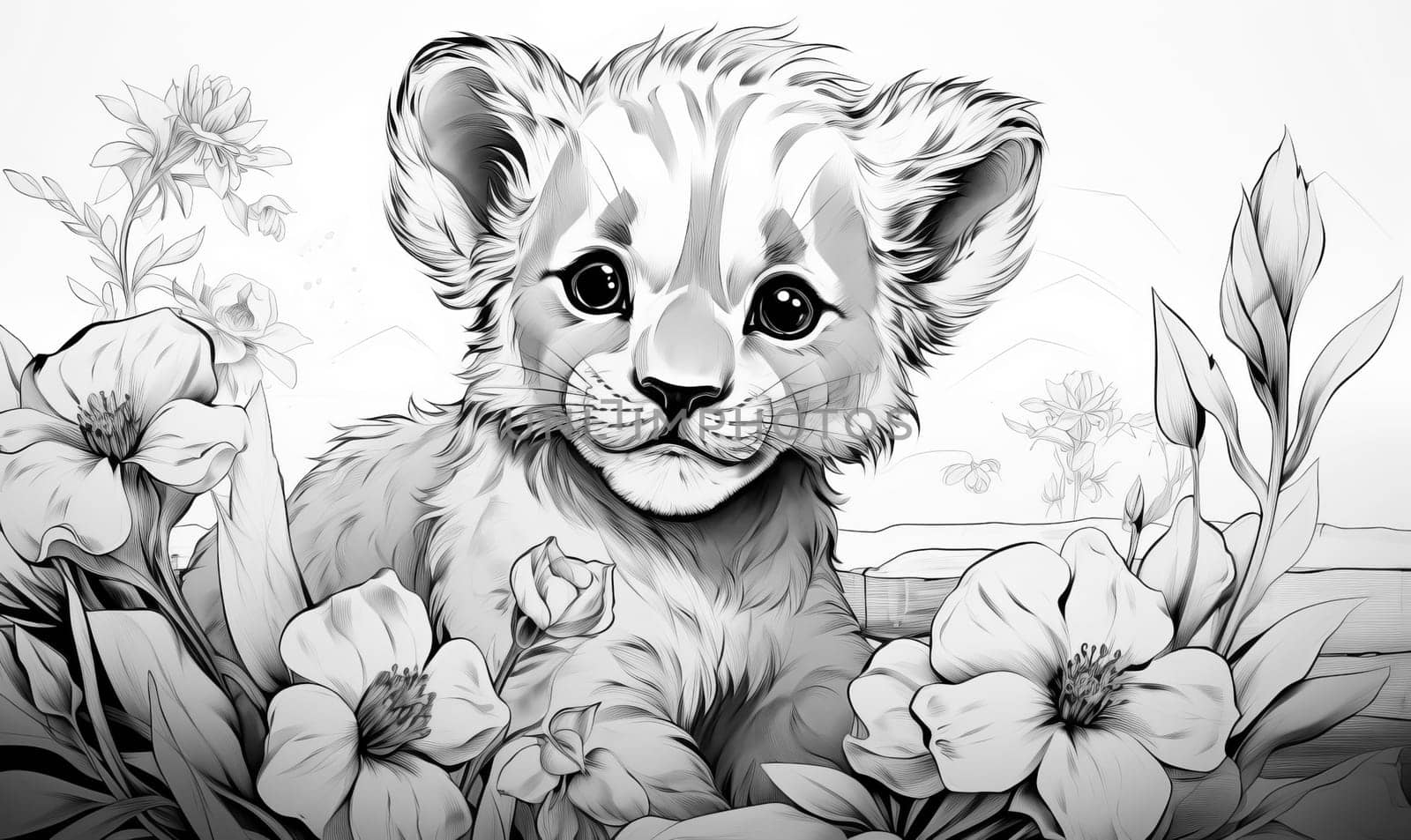 Illustration of a lion cub in black and white. by Fischeron