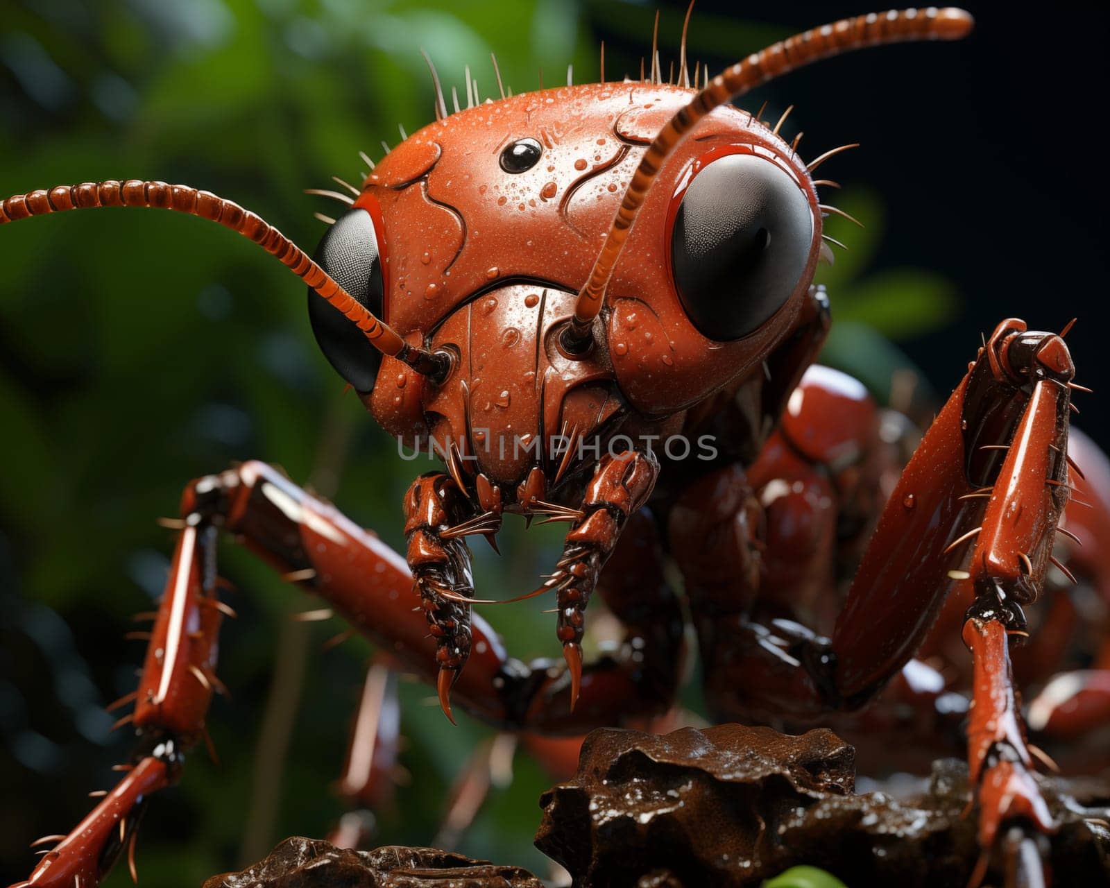 Illustration of a warlike ant on a blurred background. Selective soft focus