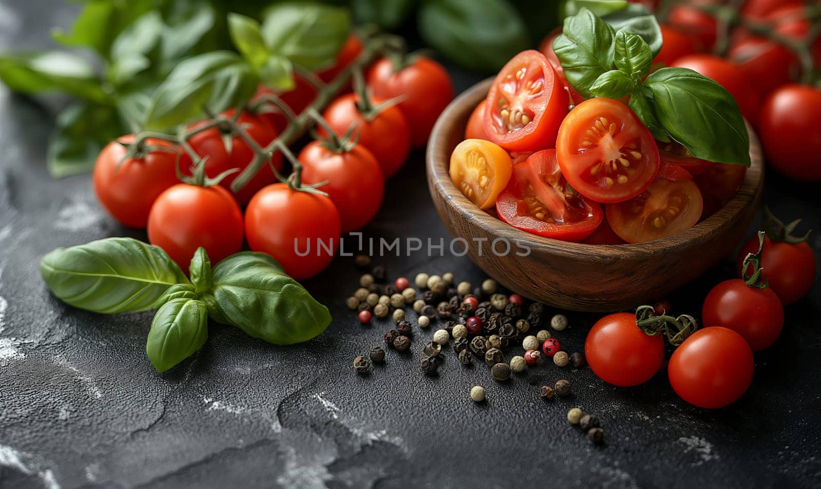 Tomatoes and basil on a dark background. Selective soft focus