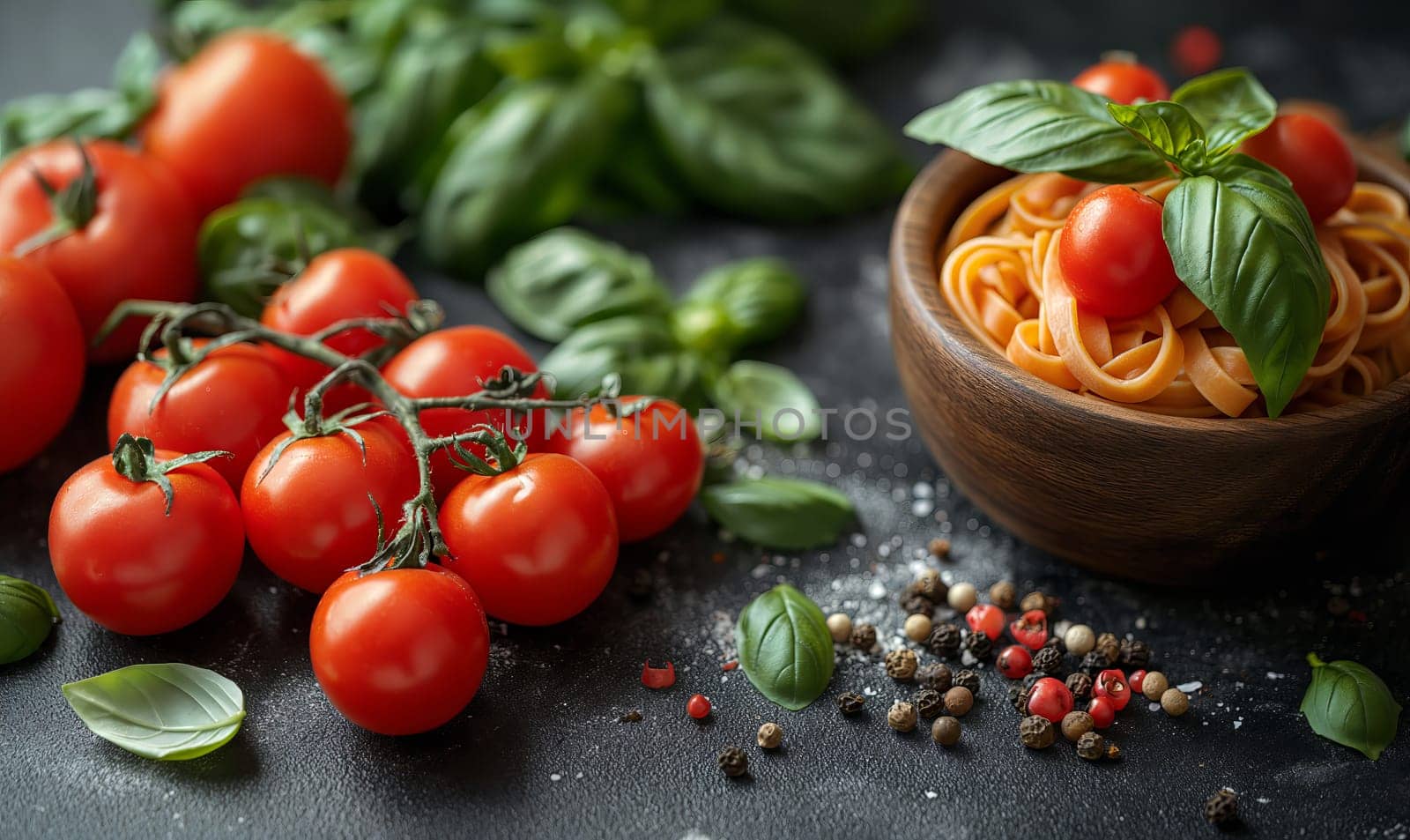 Tomatoes and basil on a dark background. Selective soft focus